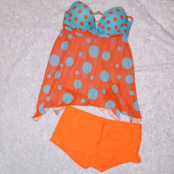 Orange & Blue polka dot strapless tankini - Picture 4 of 7
